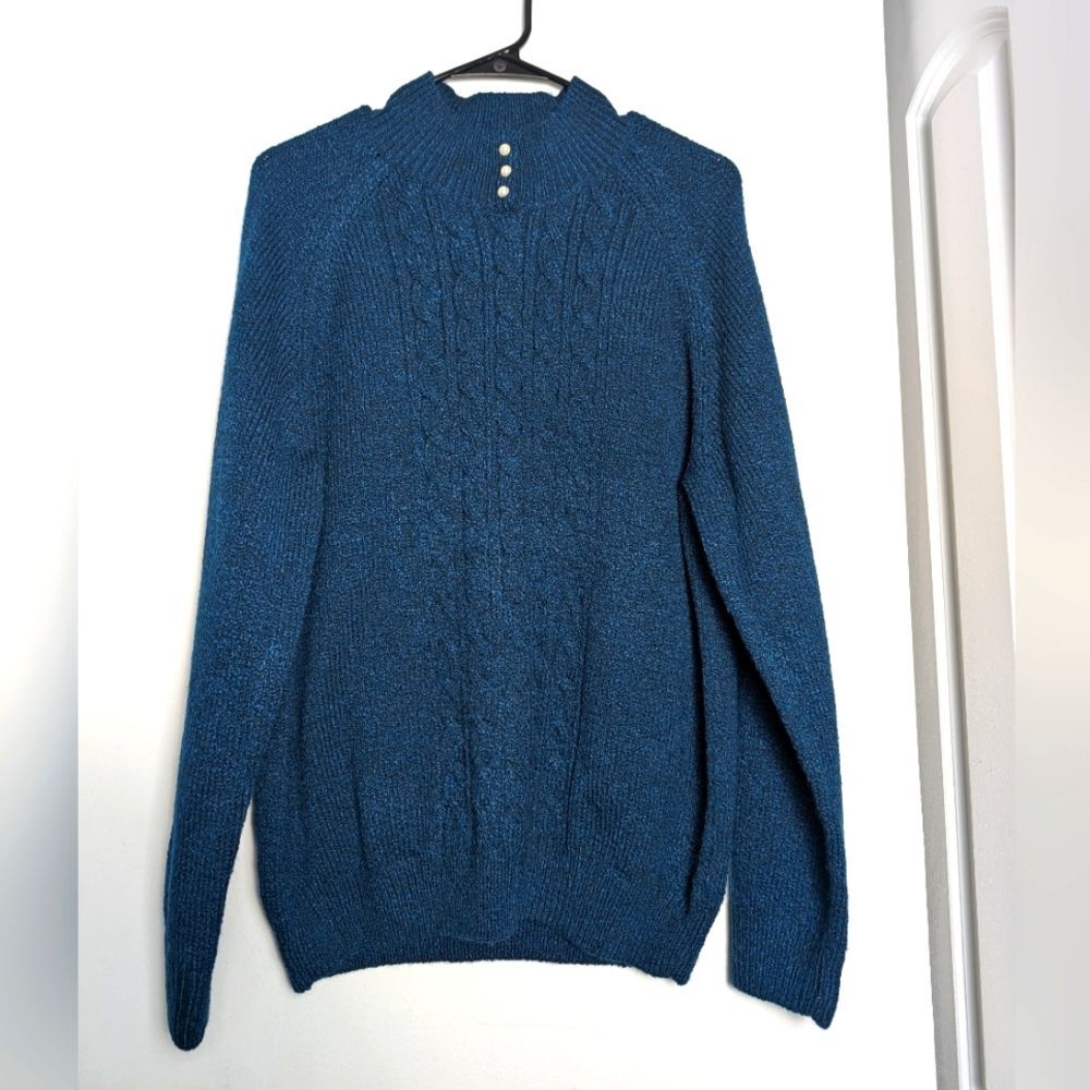 Rebecca Malone sweater cable knit pearl mock neck sz XL teal lake